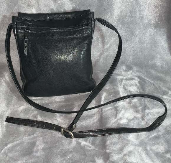 Black Leather Messenger Bag, Flap Over - Picture 2 of 4
